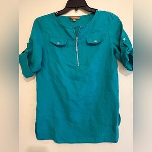 Ellen Tracy Teal/Turquoise Linen Blouse with Zipper Accent Size Small